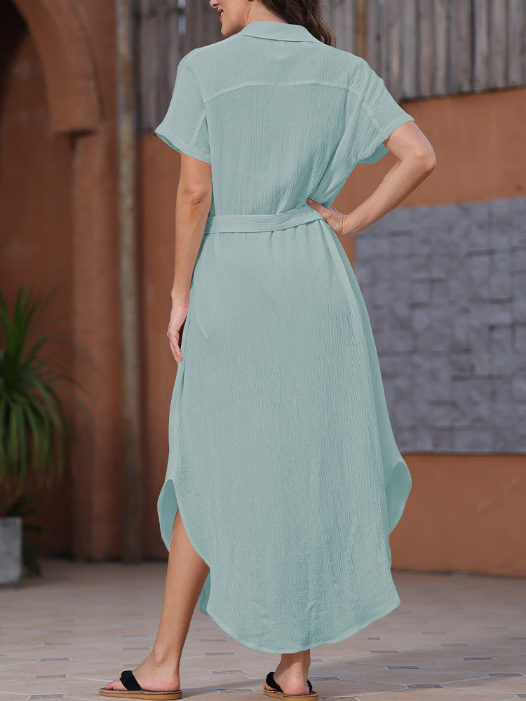 LC618591-104-S, LC618591-104-M, LC618591-104-L, LC618591-104-XL, Sky Blue Women's Cover Up Short Sleeve Button Down Summer Beach Maxi Dress