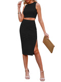 LC6114044-2-S, LC6114044-2-M, LC6114044-2-L, LC6114044-2-XL, Black Women's Sexy Bodycon Dress Ribbed Tank Top Slim Party Cocktail Midi Skirt 2 Piece Outfits