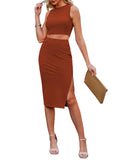 LC6114044-17-S, LC6114044-17-M, LC6114044-17-L, LC6114044-17-XL, Brown Women's Sexy Bodycon Dress Ribbed Tank Top Slim Party Cocktail Midi Skirt 2 Piece Outfits