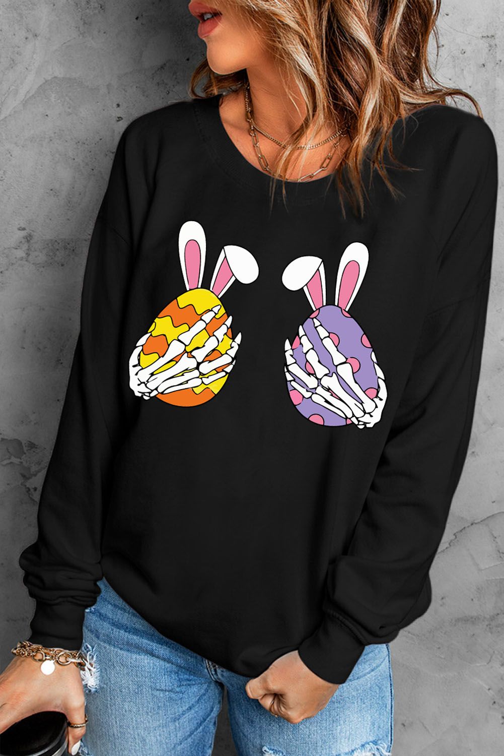 LC25314502-2-S, LC25314502-2-M, LC25314502-2-L, LC25314502-2-XL, LC25314502-2-2XL, Black Skull Easter Print Sweatshirt Crew Neck Pullover Tops for Women