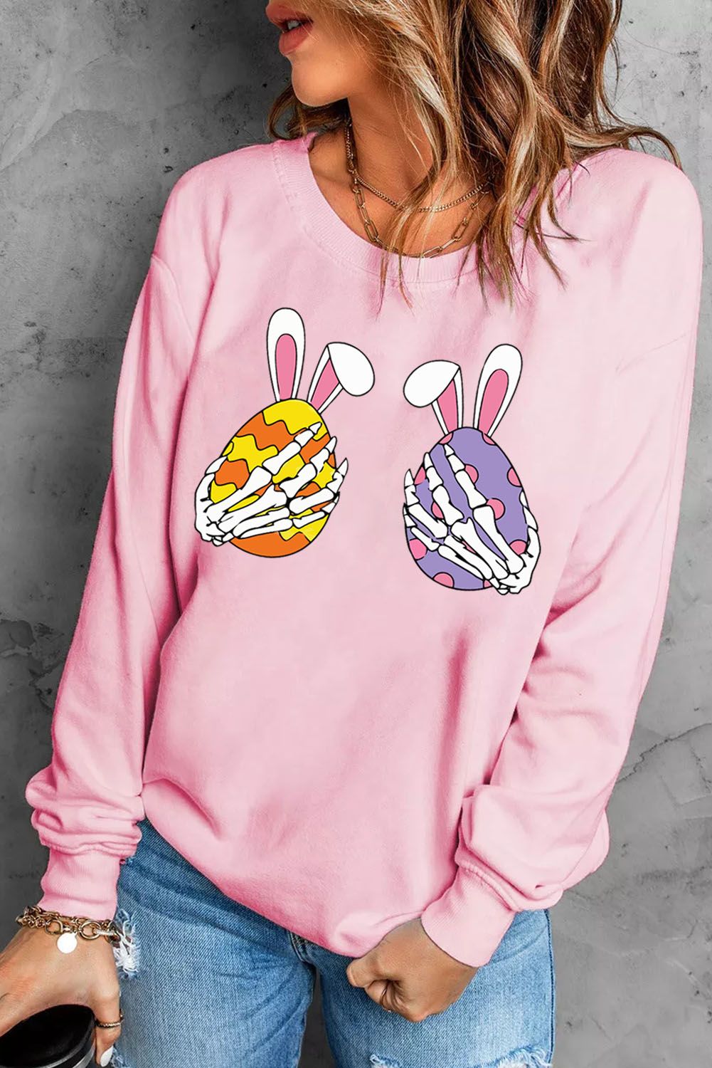 LC25314502-10-S, LC25314502-10-M, LC25314502-10-L, LC25314502-10-XL, LC25314502-10-2XL, Pink Skull Easter Print Sweatshirt Crew Neck Pullover Tops for Women