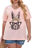 PL252147-10-1X, PL252147-10-2X, PL252147-10-3X, PL252147-10-4X, PL252147-10-5X, Pink Plus Size Easter Bunny With Glasses Rabbit Graphic Short Sleeve Tee Top