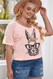 PL252147-10-1X, PL252147-10-2X, PL252147-10-3X, PL252147-10-4X, PL252147-10-5X, Pink Plus Size Easter Bunny With Glasses Rabbit Graphic Short Sleeve Tee Top