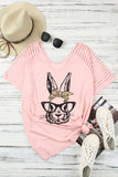 PL252147-10-1X, PL252147-10-2X, PL252147-10-3X, PL252147-10-4X, PL252147-10-5X, Pink Plus Size Easter Bunny With Glasses Rabbit Graphic Short Sleeve Tee Top