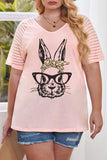 PL252147-10-1X, PL252147-10-2X, PL252147-10-3X, PL252147-10-4X, PL252147-10-5X, Pink Plus Size Easter Bunny With Glasses Rabbit Graphic Short Sleeve Tee Top