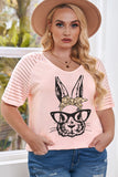PL252147-10-1X, PL252147-10-2X, PL252147-10-3X, PL252147-10-4X, PL252147-10-5X, Pink Plus Size Easter Bunny With Glasses Rabbit Graphic Short Sleeve Tee Top