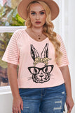 PL252147-10-1X, PL252147-10-2X, PL252147-10-3X, PL252147-10-4X, PL252147-10-5X, Pink Plus Size Easter Bunny With Glasses Rabbit Graphic Short Sleeve Tee Top