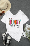 PL252146-1-1X, PL252146-1-2X, PL252146-1-3X, PL252146-1-4X, PL252146-1-5X, White Plus Size Easter Shirt Hunny Bunny Graphic Print Short Sleeve Tee Top