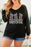 PL252144-2-1X, PL252144-2-2X, PL252144-2-3X, PL252144-2-4X, PL252144-2-5X, Black Plus Size Happy Easter T-Shirt for Women Bunny Rabbit Graphic Sheer Shirts Tops