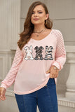 PL252143-10-1X, PL252143-10-2X, PL252143-10-3X, PL252143-10-4X, PL252143-10-5X, Pink Plus Size Bunny Graphic V Neck T-Shirt for Women Sheer Striped Long Sleeve Top