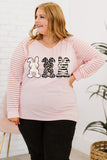 PL252143-10-1X, PL252143-10-2X, PL252143-10-3X, PL252143-10-4X, PL252143-10-5X, Pink Plus Size Bunny Graphic V Neck T-Shirt for Women Sheer Striped Long Sleeve Top
