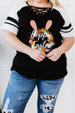 PL252142-2-1X, PL252142-2-2X, PL252142-2-3X, PL252142-2-4X, PL252142-2-5X, Black Plus Size V Neck Happy Easter Graphic T-Shirt Strappy Cruvy Tee Tops