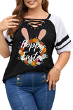 PL252142-2-1X, PL252142-2-2X, PL252142-2-3X, PL252142-2-4X, PL252142-2-5X, Black Plus Size V Neck Happy Easter Graphic T-Shirt Strappy Cruvy Tee Tops