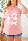 PL252141-10-1X, PL252141-10-2X, PL252141-10-3X, PL252141-10-4X, PL252141-10-5X, Pink Plus Size Easter Eggs Graphic Tees Strappy V Neck T Shirt