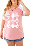 PL252141-10-1X, PL252141-10-2X, PL252141-10-3X, PL252141-10-4X, PL252141-10-5X, Pink Plus Size Easter Eggs Graphic Tees Strappy V Neck T Shirt