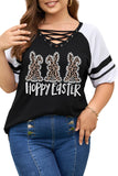 PL252140-2-1X, PL252140-2-2X, PL252140-2-3X, PL252140-2-4X, PL252140-2-5X, Black Plus Size Tops for Women Happy Easter Leopard Bunny Print V Neck Criss Cross T-Shirts