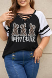 PL252140-2-1X, PL252140-2-2X, PL252140-2-3X, PL252140-2-4X, PL252140-2-5X, Black Plus Size Tops for Women Happy Easter Leopard Bunny Print V Neck Criss Cross T-Shirts