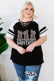 PL252140-2-1X, PL252140-2-2X, PL252140-2-3X, PL252140-2-4X, PL252140-2-5X, Black Plus Size Tops for Women Happy Easter Leopard Bunny Print V Neck Criss Cross T-Shirts