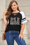 PL252140-2-1X, PL252140-2-2X, PL252140-2-3X, PL252140-2-4X, PL252140-2-5X, Black Plus Size Tops for Women Happy Easter Leopard Bunny Print V Neck Criss Cross T-Shirts