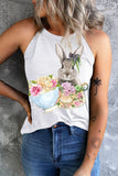 LC2568453-1-S, LC2568453-1-M, LC2568453-1-L, LC2568453-1-XL, LC2568453-1-2XL, White Easter Bunny Floral Tank Tops Womens Round Neck Sleeveless Tops