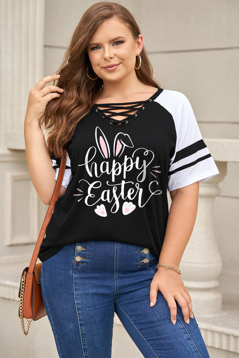 PL252150-2-1X, PL252150-2-2X, PL252150-2-3X, PL252150-2-4X, PL252150-2-5X, Black Plus Size Tee Happy Easter Bunny Graphic Short Sleeve Shirts Tops
