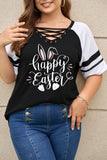 PL252150-2-1X, PL252150-2-2X, PL252150-2-3X, PL252150-2-4X, PL252150-2-5X, Black Plus Size Tee Happy Easter Bunny Graphic Short Sleeve Shirts Tops