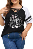 PL252150-2-1X, PL252150-2-2X, PL252150-2-3X, PL252150-2-4X, PL252150-2-5X, Black Plus Size Tee Happy Easter Bunny Graphic Short Sleeve Shirts Tops