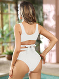 LC433735-1-S, LC433735-1-M, LC433735-1-L, LC433735-1-XL, White Women's Bikini Swimsuit Front Cross Cut Out Tie Two Piece Bathing Suit