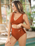 LC433735-1017-S, LC433735-1017-M, LC433735-1017-L, LC433735-1017-XL, Chestnut Women's Bikini Swimsuit Front Cross Cut Out Tie Two Piece Bathing Suit