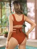 LC433735-1017-S, LC433735-1017-M, LC433735-1017-L, LC433735-1017-XL, Chestnut Women's Bikini Swimsuit Front Cross Cut Out Tie Two Piece Bathing Suit