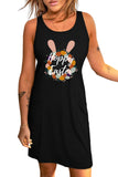 LC6114703-2-S, LC6114703-2-M, LC6114703-2-L, LC6114703-2-XL, Black Womens Happy Easter Bunny Graphic Print Casual Tank Dress Crew Neck Mini Dress
