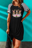 LC6114706-2-S, LC6114706-2-M, LC6114706-2-L, LC6114706-2-XL, Black Womens Short Sleeve Dress Easter Bunny Graphic Raglan Sleeves Twist T-shirt Dress