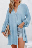 LC2552553-4-S, LC2552553-4-M, LC2552553-4-L, LC2552553-4-XL, LC2552553-4-2XL, Sky Blue Womens Long Sleeve Oversized Blouses Tops Button Up Bishop Sleeve Shirt