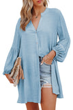 LC2552553-4-S, LC2552553-4-M, LC2552553-4-L, LC2552553-4-XL, LC2552553-4-2XL, Sky Blue Womens Long Sleeve Oversized Blouses Tops Button Up Bishop Sleeve Shirt