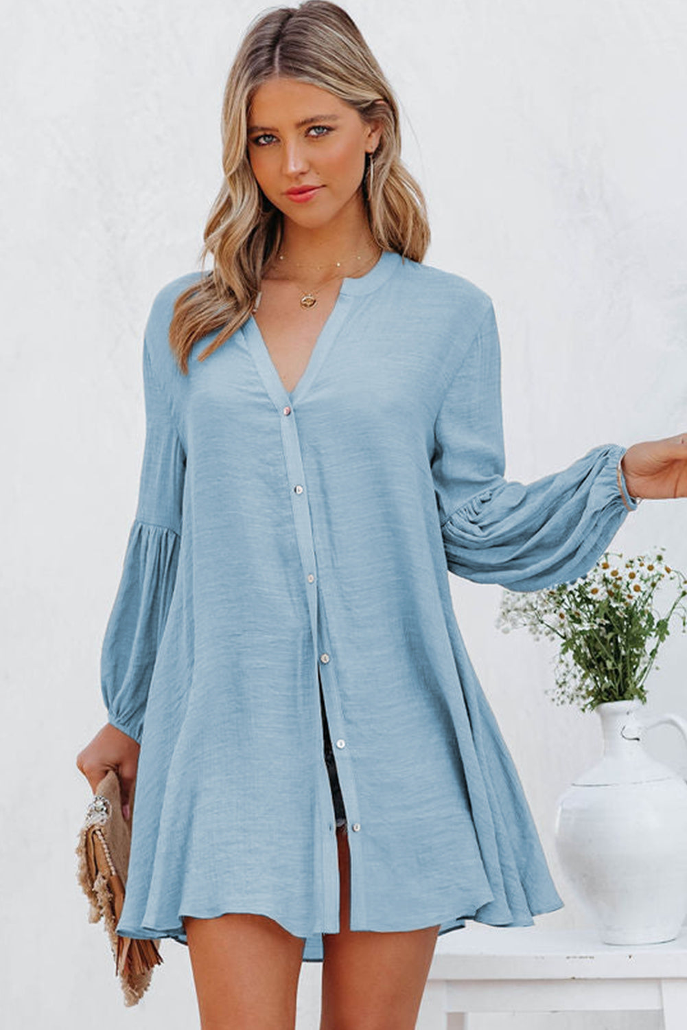 LC2552553-4-S, LC2552553-4-M, LC2552553-4-L, LC2552553-4-XL, LC2552553-4-2XL, Sky Blue Womens Long Sleeve Oversized Blouses Tops Button Up Bishop Sleeve Shirt