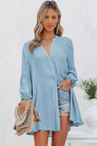 LC2552553-4-S, LC2552553-4-M, LC2552553-4-L, LC2552553-4-XL, LC2552553-4-2XL, Sky Blue Womens Long Sleeve Oversized Blouses Tops Button Up Bishop Sleeve Shirt