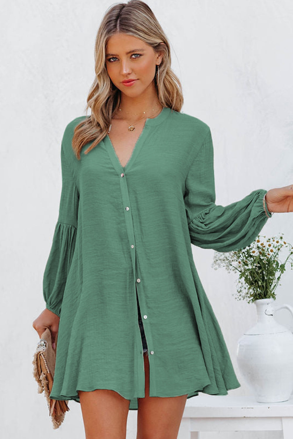 LC2552553-9-S, LC2552553-9-M, LC2552553-9-L, LC2552553-9-XL, LC2552553-9-2XL, Green Womens Long Sleeve Oversized Blouses Tops Button Up Bishop Sleeve Shirt
