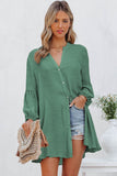 LC2552553-9-S, LC2552553-9-M, LC2552553-9-L, LC2552553-9-XL, LC2552553-9-2XL, Green Womens Long Sleeve Oversized Blouses Tops Button Up Bishop Sleeve Shirt