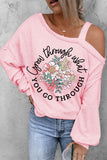 LC25120619-10-S, LC25120619-10-M, LC25120619-10-L, LC25120619-10-XL, LC25120619-10-2XL, Pink Floral Graphic Print One Shoulder Sweatshirt for Women