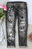 Skeleton Print Ripped Jeans for Women Stretch Denim Jeans Pants
