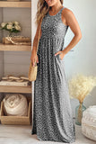 LC6114121-11-S, LC6114121-11-M, LC6114121-11-L, LC6114121-11-XL, Gray Women's Summer Sleeveless Loose Maxi Dress Leopard Print Pocketed Long Dress