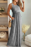 LC6114121-11-S, LC6114121-11-M, LC6114121-11-L, LC6114121-11-XL, Gray Women's Summer Sleeveless Loose Maxi Dress Leopard Print Pocketed Long Dress