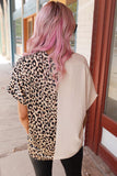 LC2553292-16-S, LC2553292-16-M, LC2553292-16-L, LC2553292-16-XL, Khaki Women's V Neck Sleeveless Blouses Contrast Leopard Color Block Shirt Tops