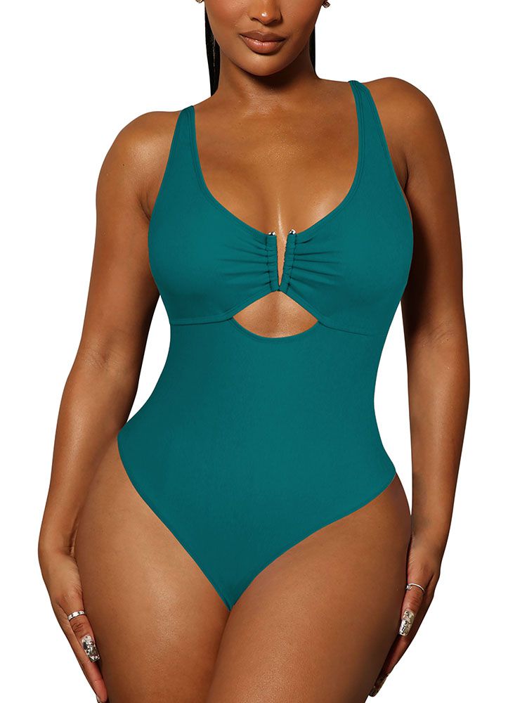 LC443488-9-S, LC443488-9-M, LC443488-9-L, LC443488-9-XL, Green Women's One Piece Swimsuit Tummy Control Cutout High Cut Bathing Suit