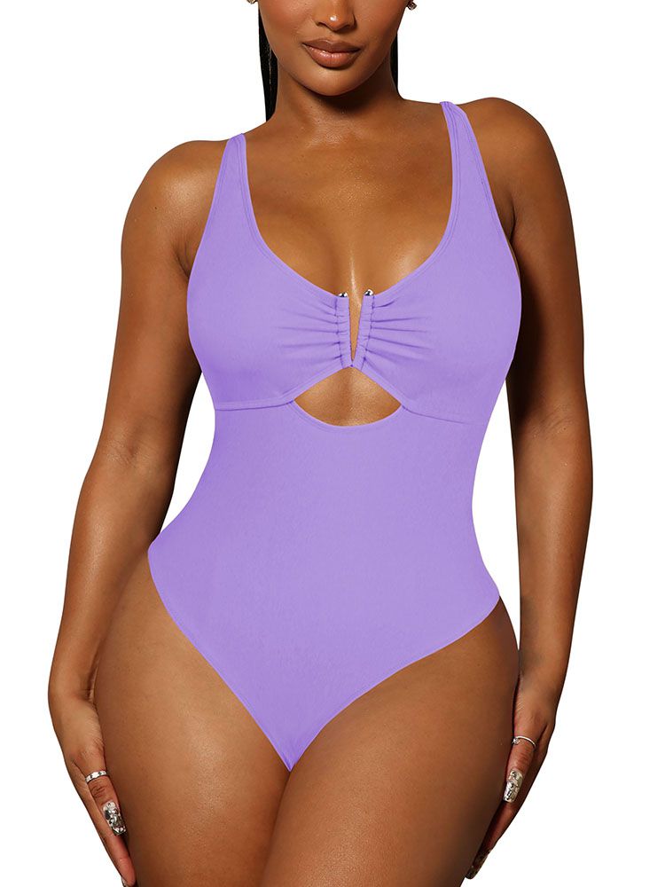 LC443488-408-S, LC443488-408-M, LC443488-408-L, LC443488-408-XL, Lavender Purple Women's One Piece Swimsuit Tummy Control Cutout High Cut Bathing Suit