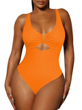 LC443488-3014-S, LC443488-3014-M, LC443488-3014-L, LC443488-3014-XL, Vitality Orange Women's One Piece Swimsuit Tummy Control Cutout High Cut Bathing Suit