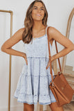 LC786389-4-S, LC786389-4-M, LC786389-4-L, LC786389-4-XL, Sky Blue Womens Casual Flowy Tiered Babydoll Denim Dress Adjustable Straps Ruffle Jean Dresses