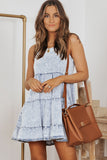 LC786389-4-S, LC786389-4-M, LC786389-4-L, LC786389-4-XL, Sky Blue Womens Casual Flowy Tiered Babydoll Denim Dress Adjustable Straps Ruffle Jean Dresses