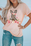 LC25220225-10-S, LC25220225-10-M, LC25220225-10-L, LC25220225-10-XL, LC25220225-10-2XL, Pink Womens Short Sleeve Tee Tops Leopard Floral Bunny Print Casual Graphic T Shirt
