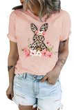 LC25220225-10-S, LC25220225-10-M, LC25220225-10-L, LC25220225-10-XL, LC25220225-10-2XL, Pink Womens Short Sleeve Tee Tops Leopard Floral Bunny Print Casual Graphic T Shirt